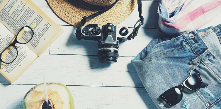 camera, book, glasses