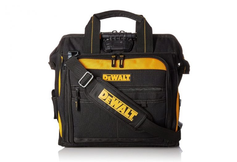 DeWalt DGL573 Lighted Technician's Tool Bag – 39-Lumen LED, 41 Pockets (28 Inside, 13 Outside), Padded Shoulder Straps, Base Pad Feet, For Drills, Wrenches, Screwdrivers & More