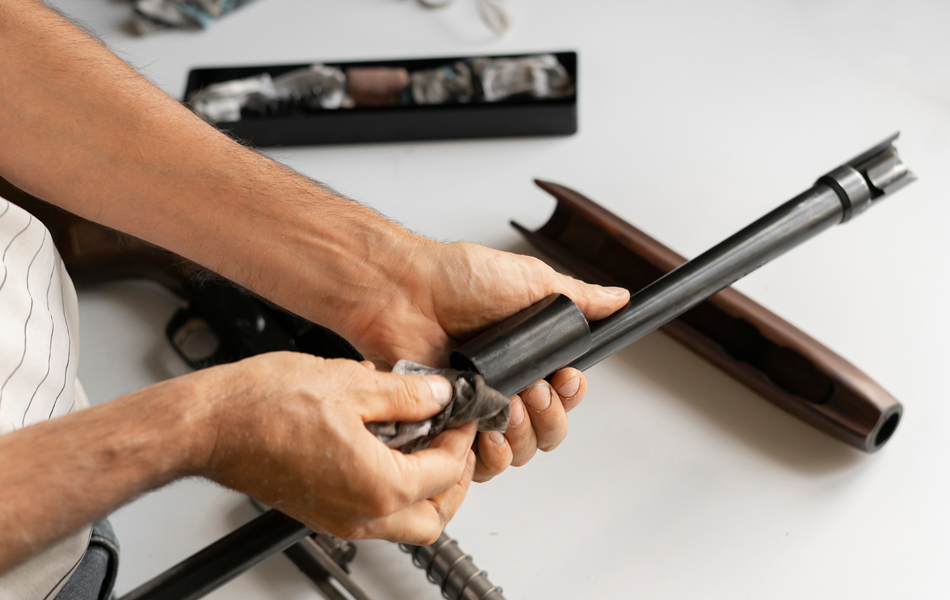 man cleaning rifle