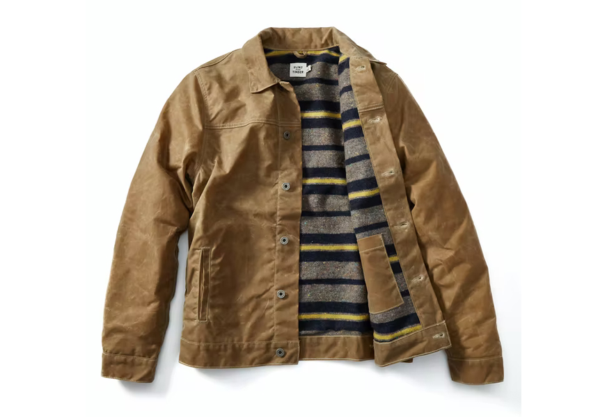 flint and tinder wool lined waxed trucker jacket