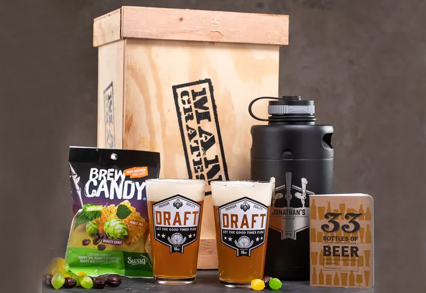 personalized growler crate gift basket for men