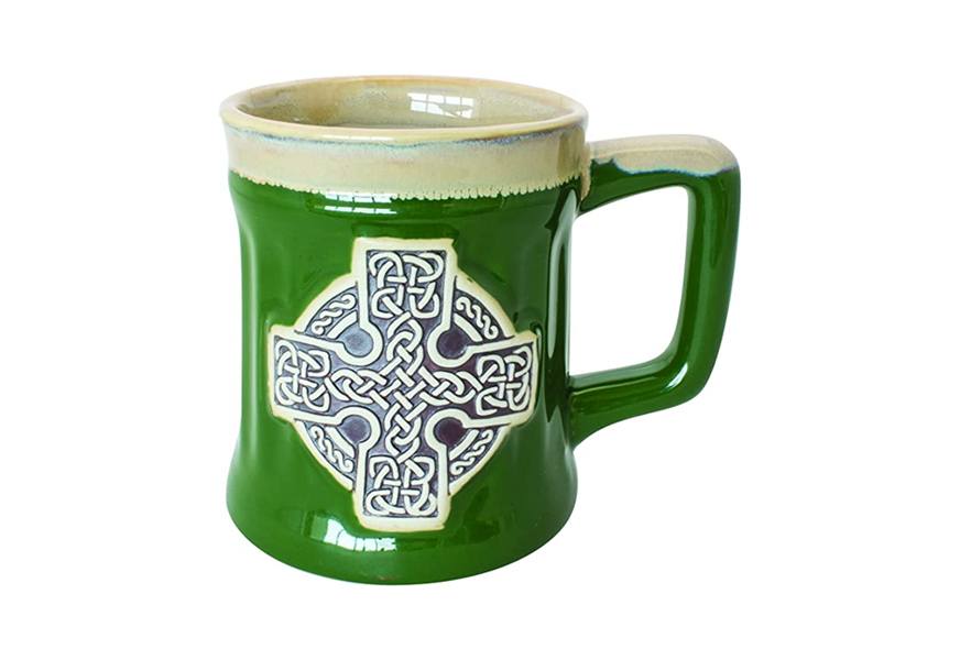 irish designed pottery mug-with-a-celtic-cross design, green colour