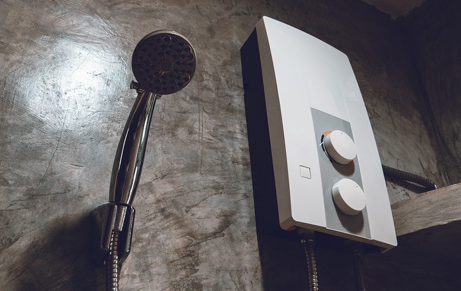 water heater on the cement wall in bathroom