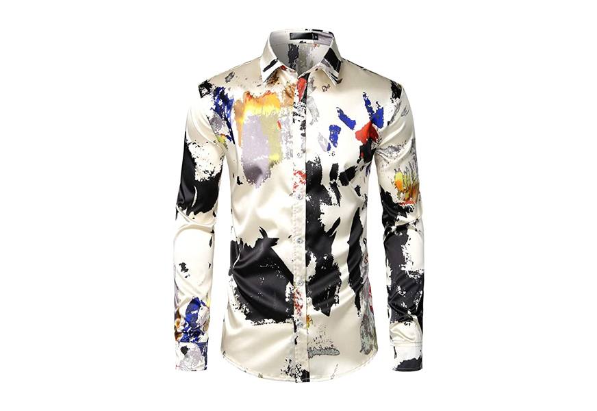 zeroyaa men's luxury printed silk like satin shirt