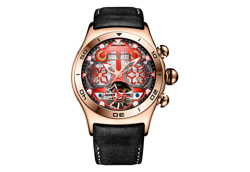 reef tiger multi-functional steel skeleton tourbillon watch