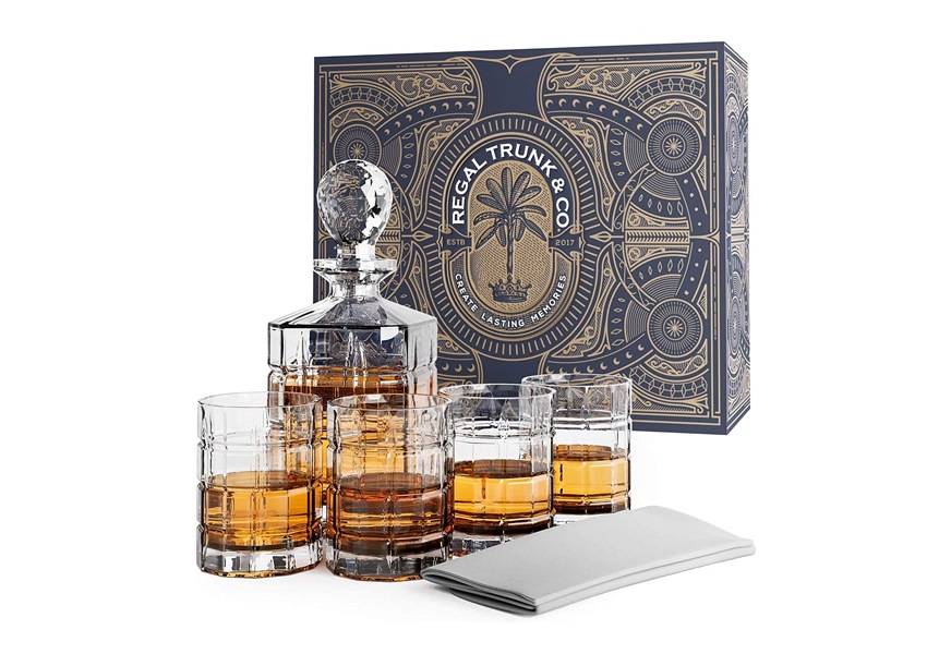 regal trunk & co. elegant 5 piece whiskey decanter and glass set