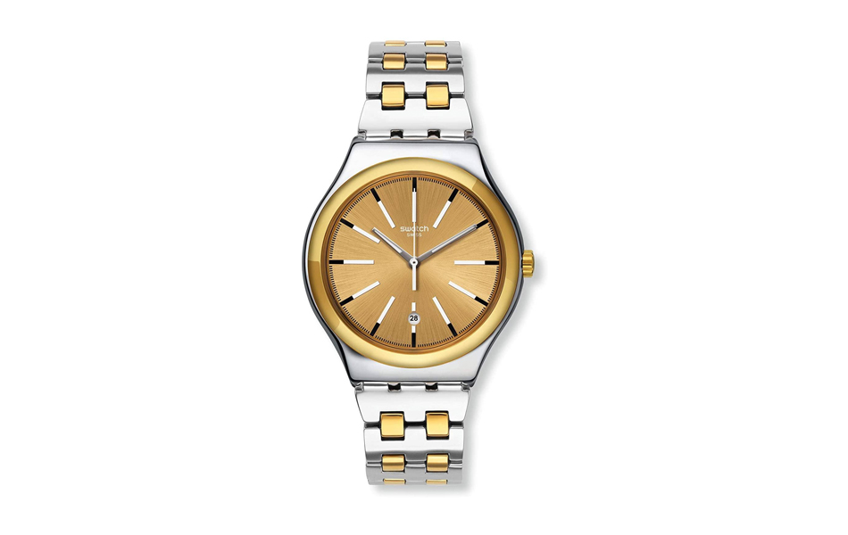 swatch irony tico-toco gold dial stainless steel mens watch