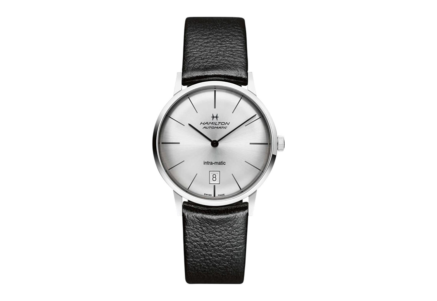 hamilton intra-matic silver dial leather men’s watch