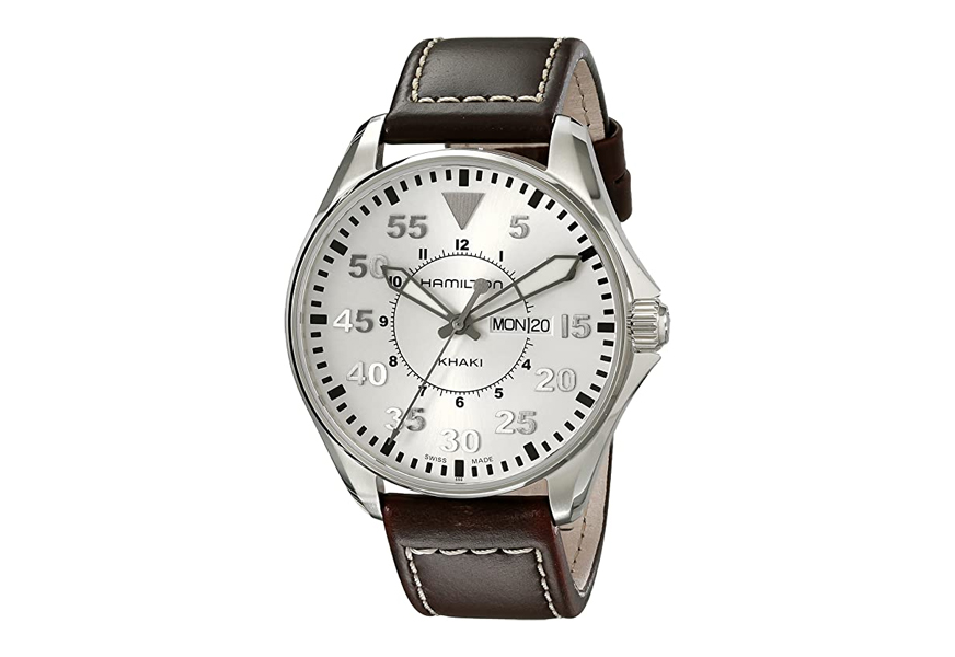 hamilton men's khaki pilot silver day date dial watch