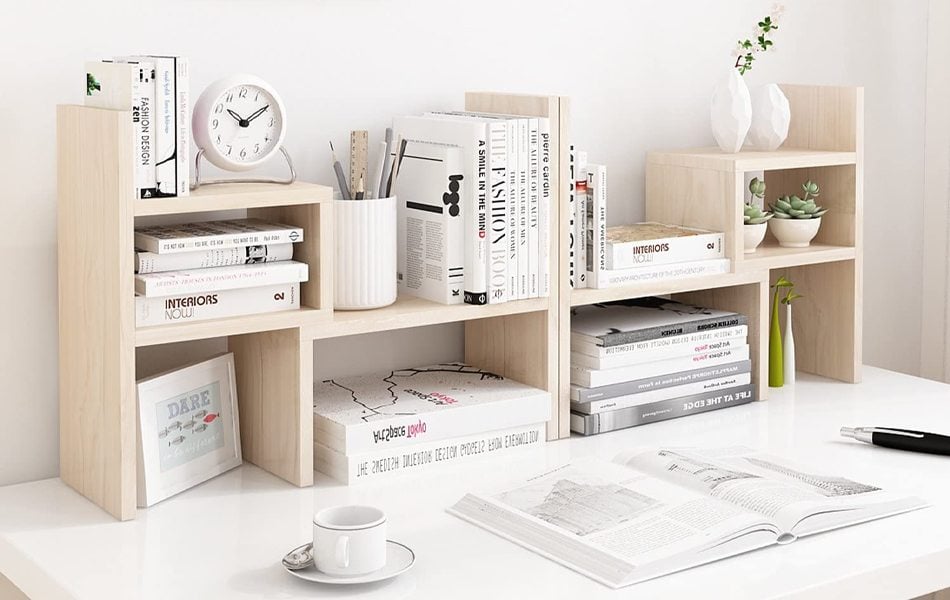 an amazing desk organizer full of books