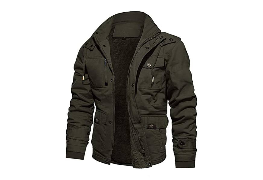 CRYSULLY Men's Winter Casual Thicken Multi-Pocket Field Jacket Outwear Fleece Cargo Jackets Coat 