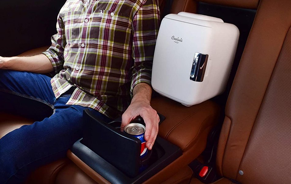 men using mini fridge in the car