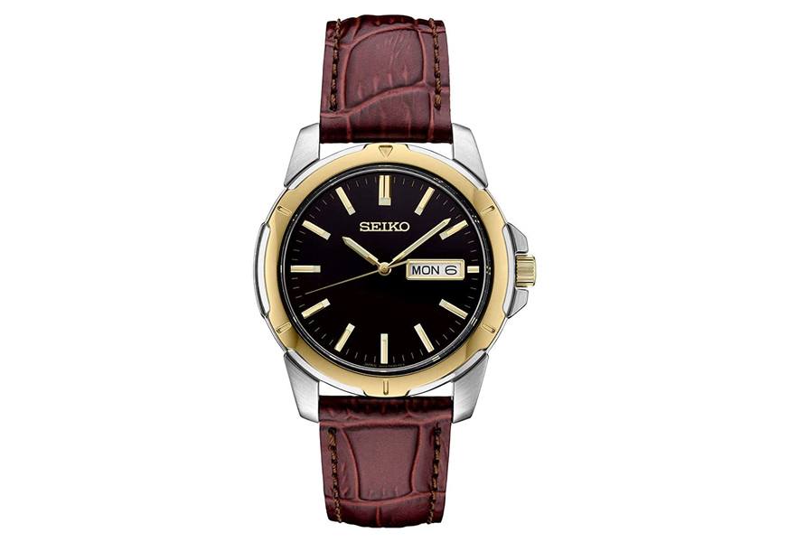 seiko classic stainless steel and leather watch