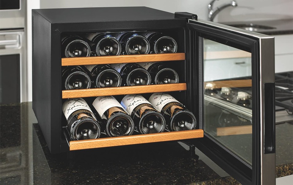 wine cooler full of wine bottles