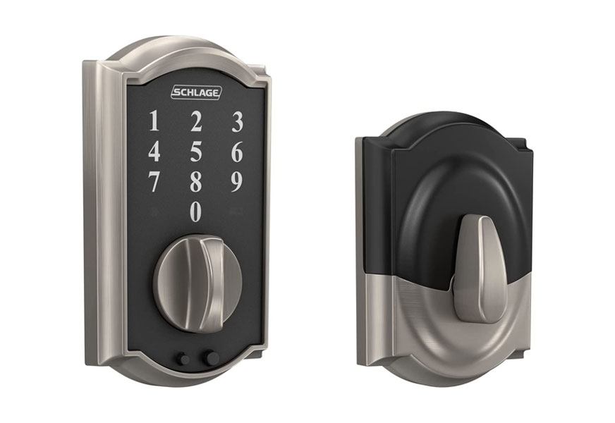 schlage touch camelot deadbolt satin nickel be375 cam 619