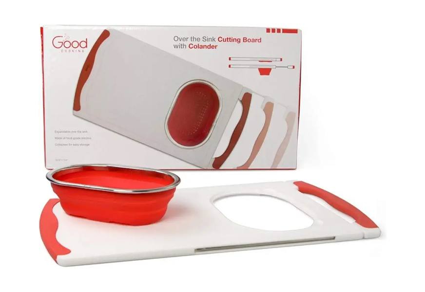 over the sink cutting board with collapsible colander