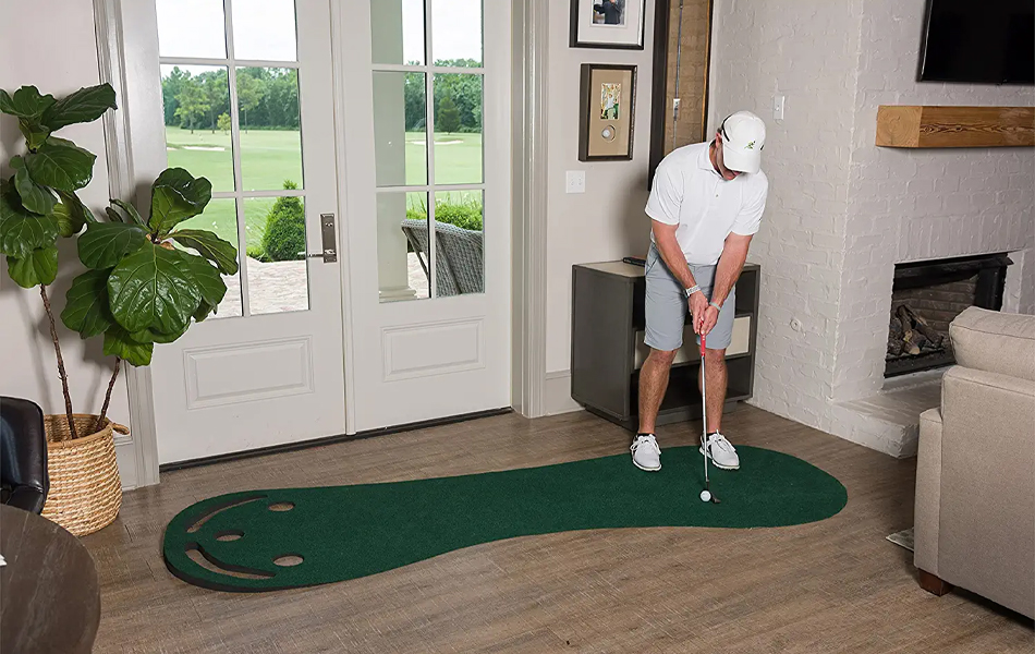 playing golf using putting mat