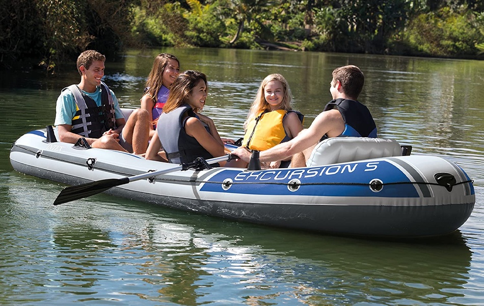 friends having fun on a inflatable boat