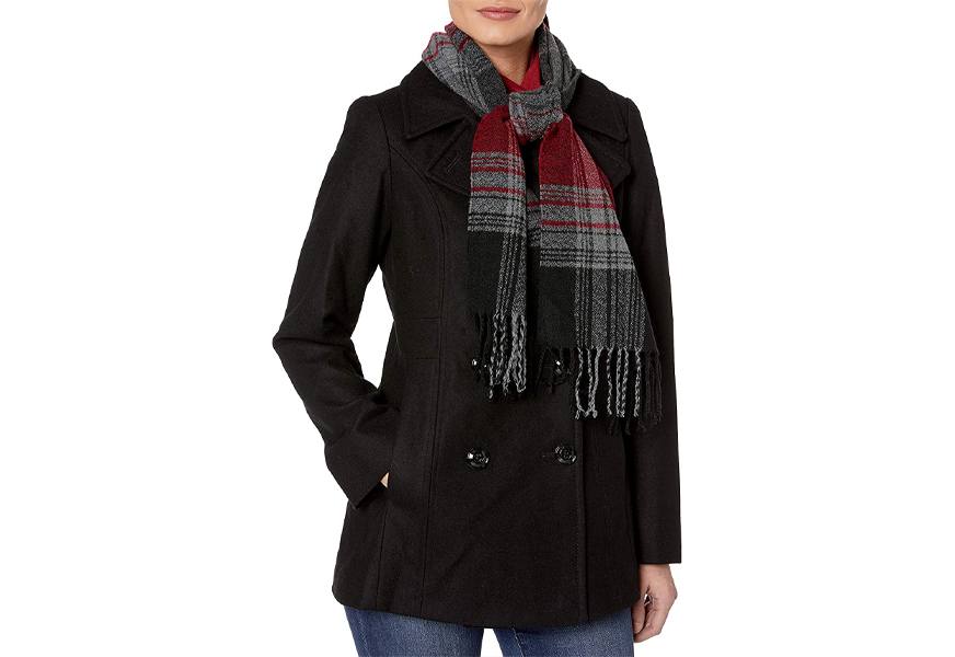 london fog women's double breasted peacoat with scarf