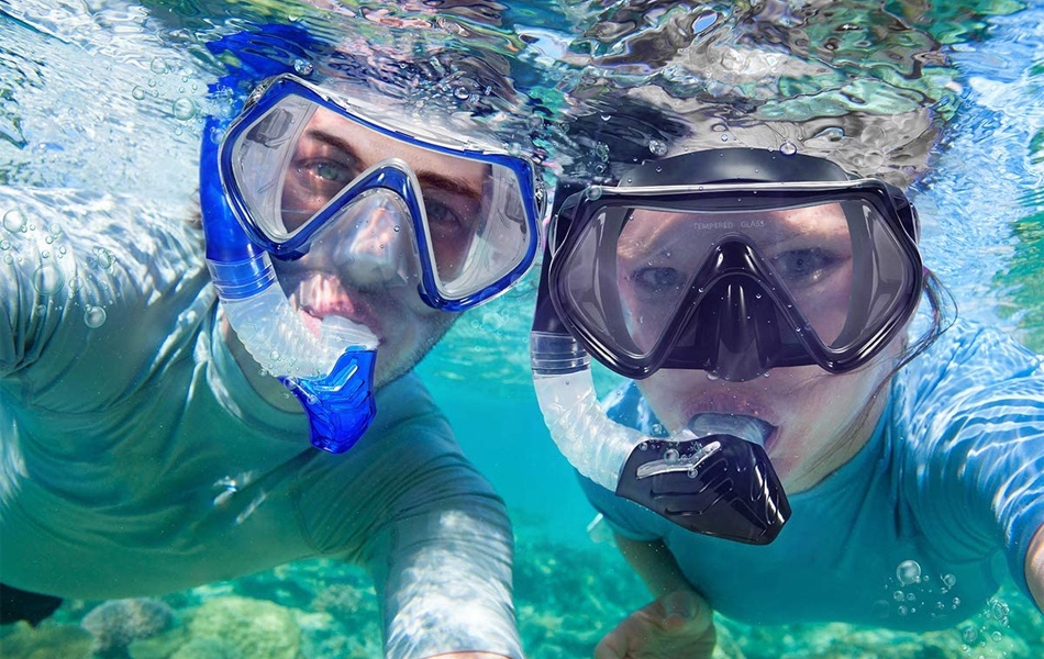 man and woman underwater wearing snorkeling masks