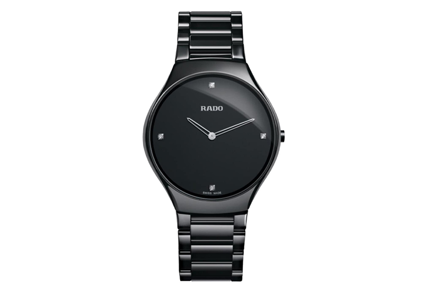 rado black dial stainless steel thin watch