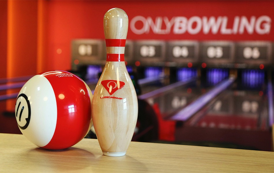 red and white bowling ball