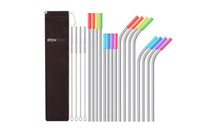 strawexpert set of 16 reusable stainless-steel straws with travel case