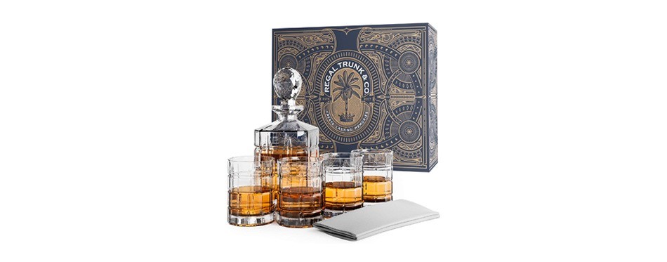regal trunk & co. - elegant 5 piece whiskey decanter and glass set