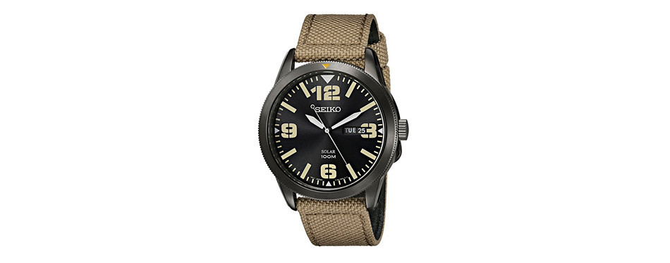 seiko men's beige nylon strap solar dress watch