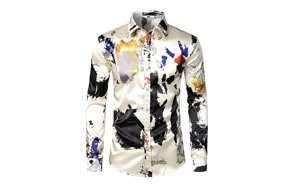 zeroyaa men's luxury printed silk like satin button down dress shirt